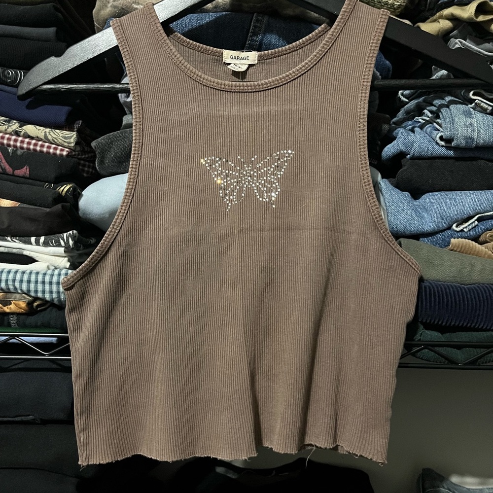 Garage Taupe Tank Top with Rhinestone Butterfly